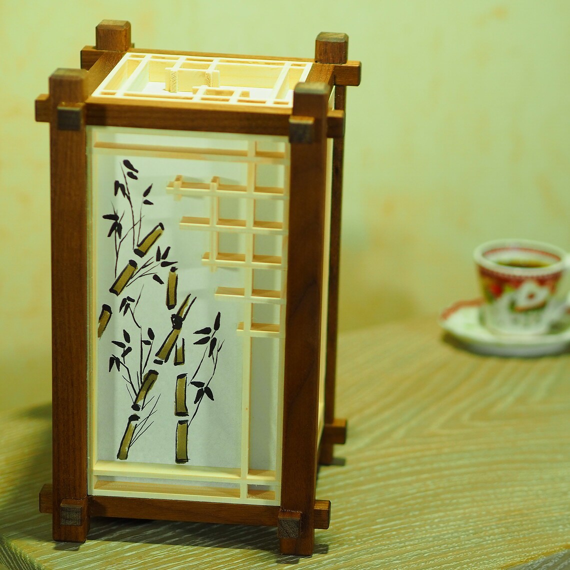 Japanese Wooden Lamp. Lamp Shade With Painting. Kumiko. Shoji. Etsy