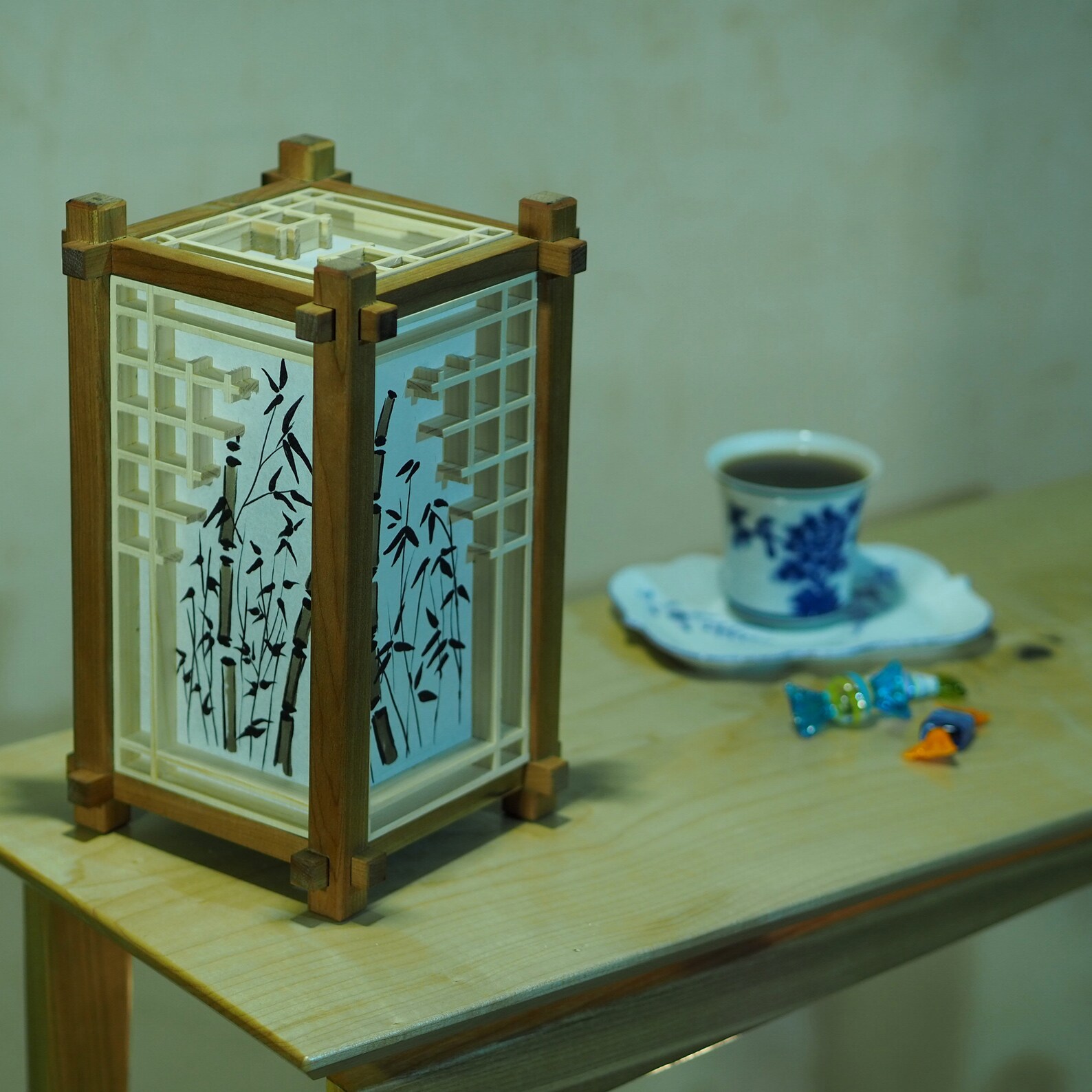 Japanese Wooden Lamp. Lamp Shade With Painting. Kumiko. Shoji. Etsy
