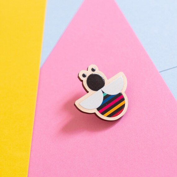 cute bee pin brooch | rainbow bee | letterbox gift | Wooden pin badge | Handmade in the UK | Responsibly sourced | sustainable Jewellery