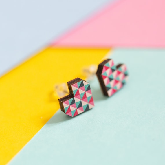 Cute wooden geometric hearts wooden earrings | stud earrings | gifts for friends by Munchquin