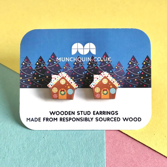 Gingerbread houses | cute wooden Christmas earrings | stud earrings | eco friendly stocking filler gifts for friends by Munchquin
