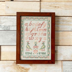 Small Vintage Framed Cross Stitch Alphabet Sampler Rustic Farmhouse Nursery Decor Cute Kids Room Pastel Wall Art Grandmillennial Granny Chic