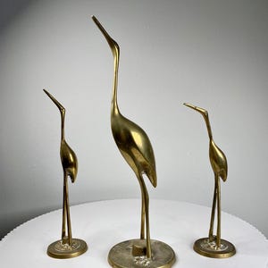 Trio of Korean &#39;60s-70s Vintage Brass Crane Bird Sculptures - Minimalist / Modern Mid-Century Style Home Decoration