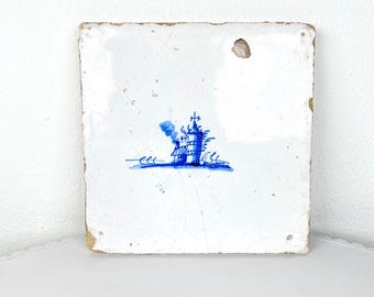 Azulejo azul de Delft holandés antiguo – Motivo de faro pintado a mano – Azulejos de cerámica azul de Delft del siglo XVII – Cerámica holandesa coleccionable decorativa