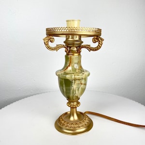 Small Antique / Vintage Green Onyx & Gold Tone Brass Table Lamp Base - Mid-Century / Hollywood Regency Style Design Lamps