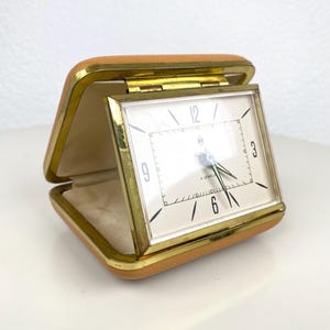 Vintage Folding Travel Alarm Clock by German 'H' 1960s - 70s Small Retro Gold & Brown Tone Home Decor Accents