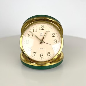 German Vintage Folding Travel Alarm Clock 1950s 60s Retro Green Gold Home Decor Small Old Portable Alarm Clock Germany H