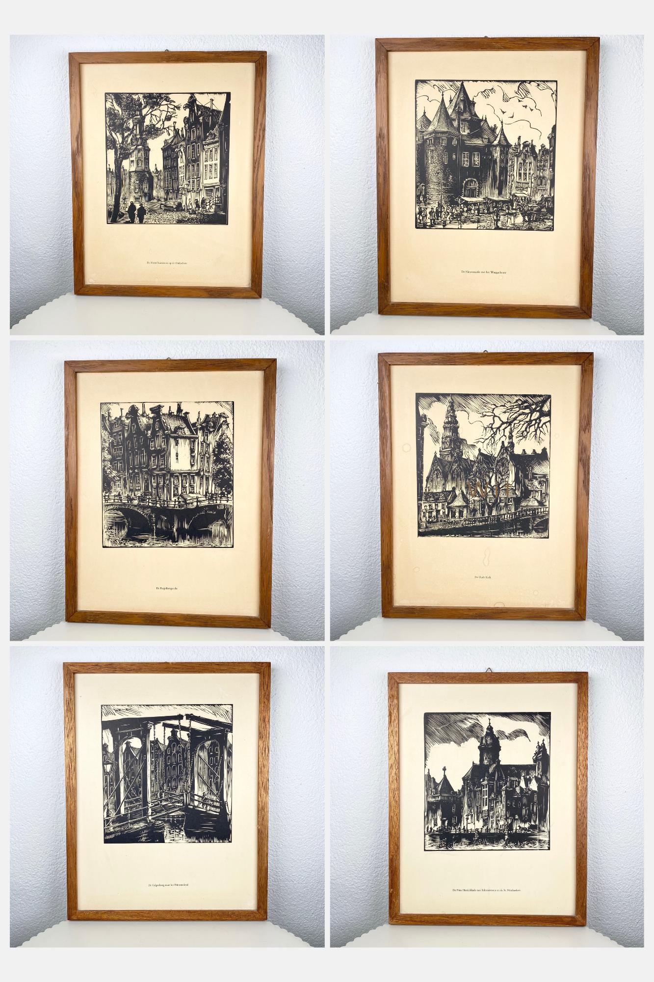 Set of 6 Vintage Amsterdam Art Prints Dark Moody Illustrations of Amsterdam in Wooden Vintage Frames Six Piece Gallery Wall Art Collage