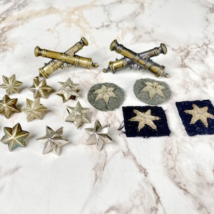 Lot of European Antique Military Pins and Badges from WW1 & WW2 Era - 16 Pcs - Artillery Cross Cannons, Star Patches, Star Pin Insignias