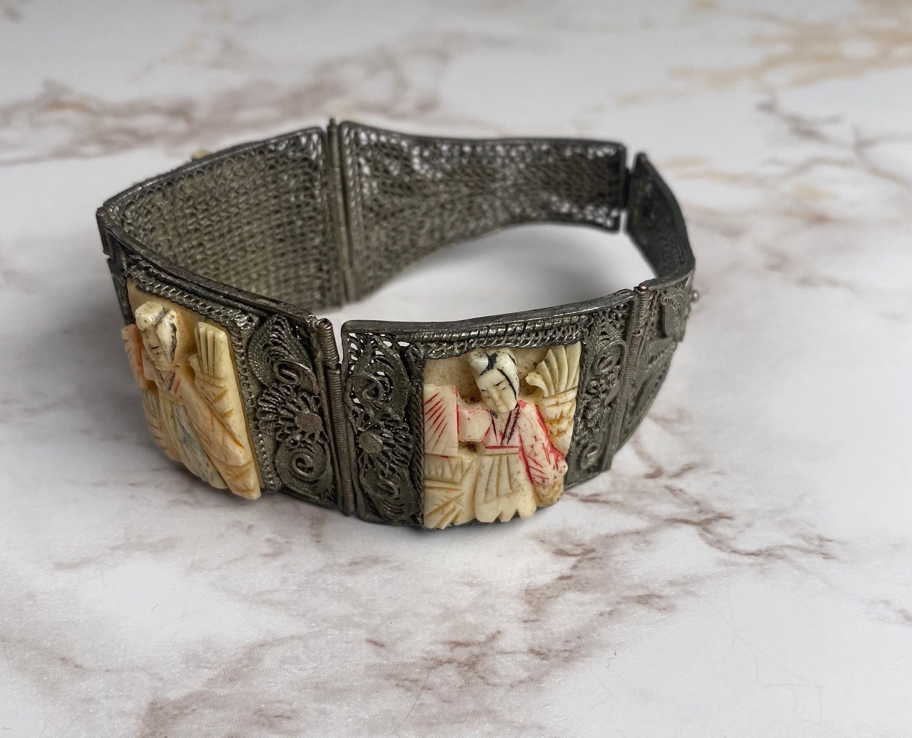 Chinese Antique Silver Tone Filigree Bracelet With Hand