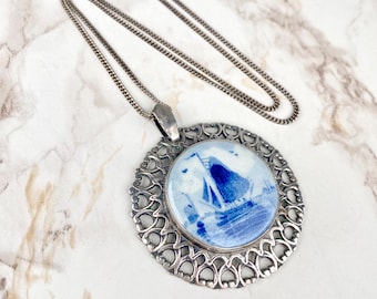 Vintage Dutch Delft Blue Delfts Blauw Silver Pendant Necklace Hand-painted Sailing Scene Delftware Pendant Large Silver Charms Gifts