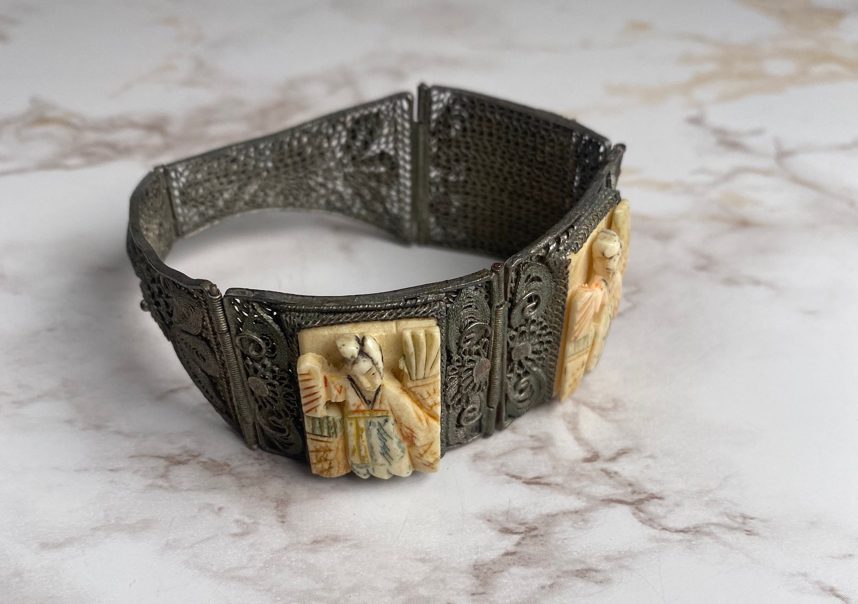 Chinese Antique Silver Tone Filigree Bracelet With Hand