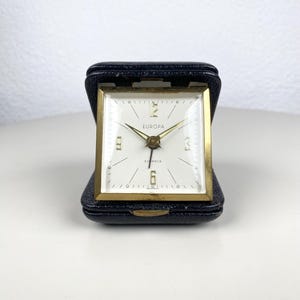 Small German Vintage Folding Travel Alarm Mechanical Wind Up Clock by Europa 1950-60s Retro Black & Gold Tone Home Decor