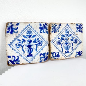 Set of Antique Dutch Delft Blue Tiles – Hand-Painted Floral Motif – 17th Century Delfts Blauw Ceramic Tiles – Collectible Dutch Pottery