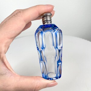 May include: A small, clear glass perfume bottle with a blue geometric design. The bottle has a silver-colored metal cap. The bottle is held in a hand against a white background.