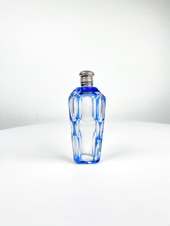 Antique Cut Crystal Glass Perfume Bottle Cool Cobalt Blue Details & Silver Lid Old Art Deco Glass Bottles and Containers