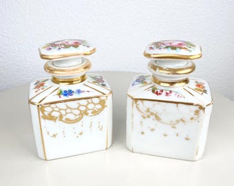 Antique Hand Painted Porcelain Perfume Bottle Set Edwardian Vanity Bottles Floral Porcelain Toilette Set Feminine Coquette Boudoir Decor
