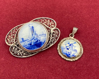Antique Dutch Delft Blue  Filigree Brooch and Silver Necklace Pendant Set Hand-painted Delfts Blauw Windmill & Sailing Scenery Delftware