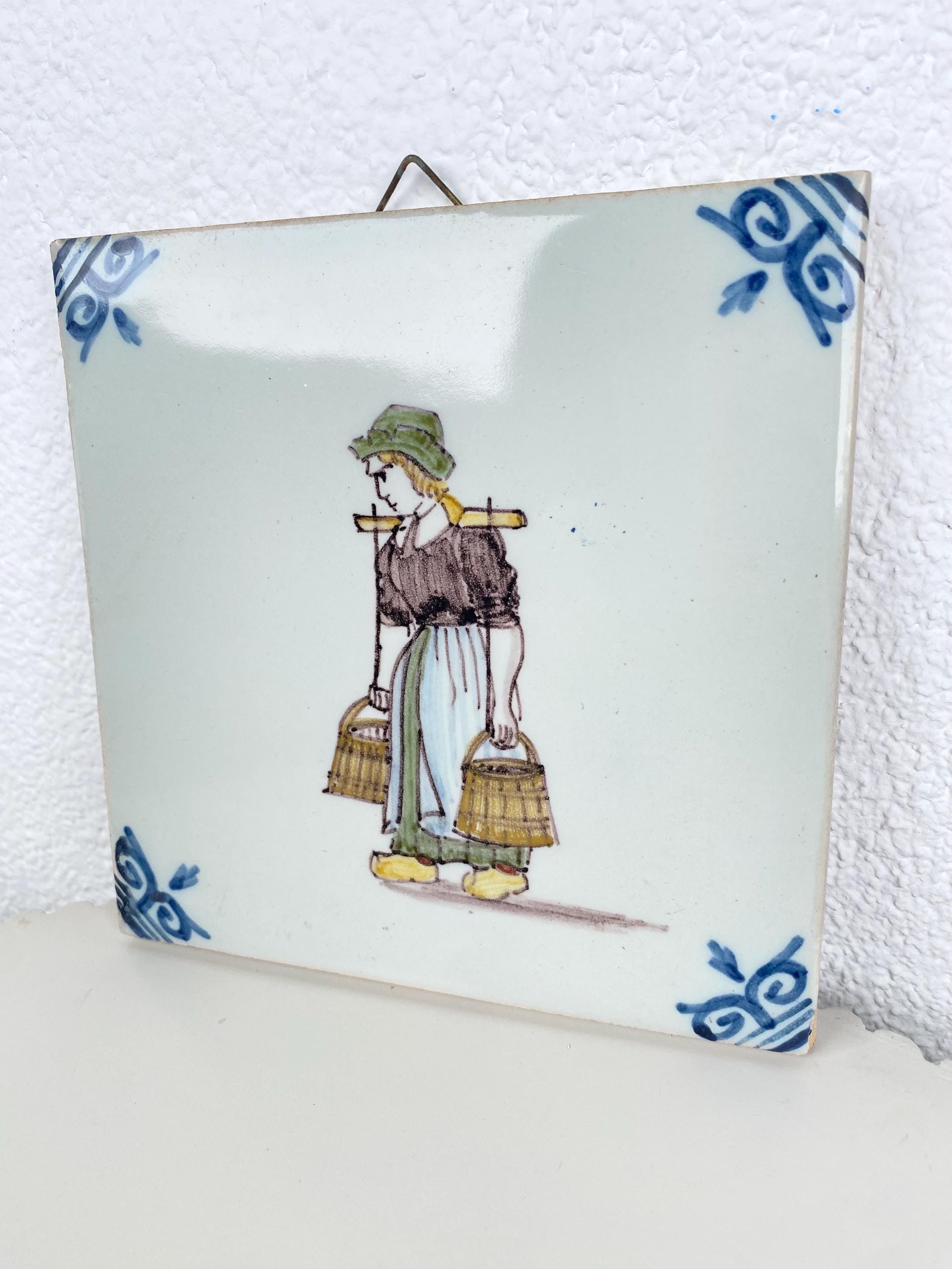 Vintage Royal Tichelaar Makkum Tile Milkmaid Hand-painted 