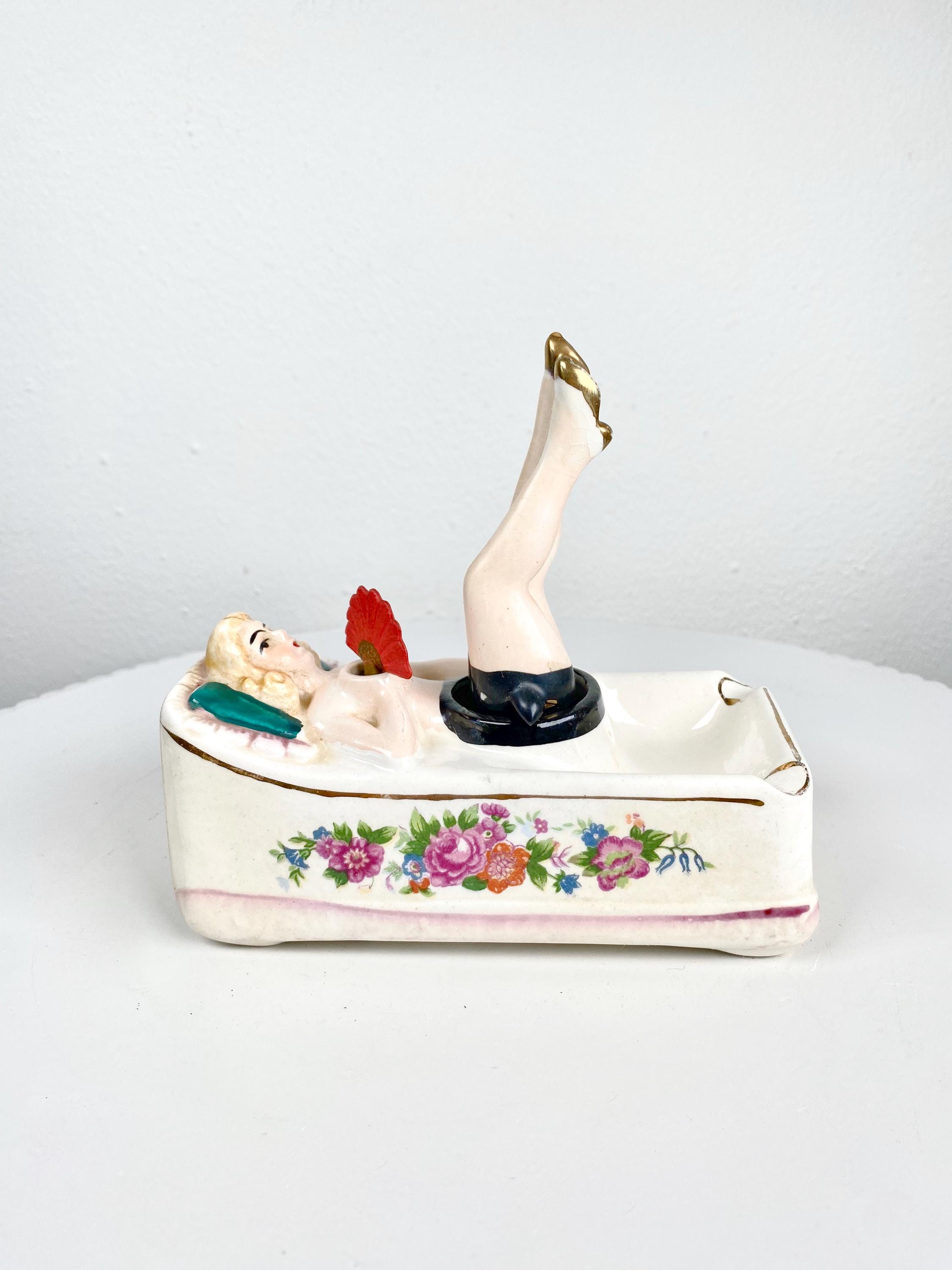Vintage Pin Up Girl Figurine 'Naughty Nodder' 1940s Ashtray / Trinket Dish - Hand-painted Antique Kitsch Collectables and Home Decor