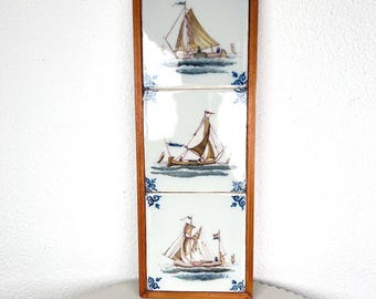 Vintage Nautical Dutch Delft Blue Sailing Boat Tile Wall Art Hand-Painted Framed Delfts Blauw Ceramic Tiles Coastal Beach House Wall Decor