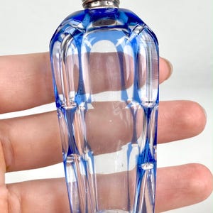 May include: A small, clear glass perfume bottle with a blue geometric design. The bottle has a silver-colored metal cap. The bottle is held in a hand.