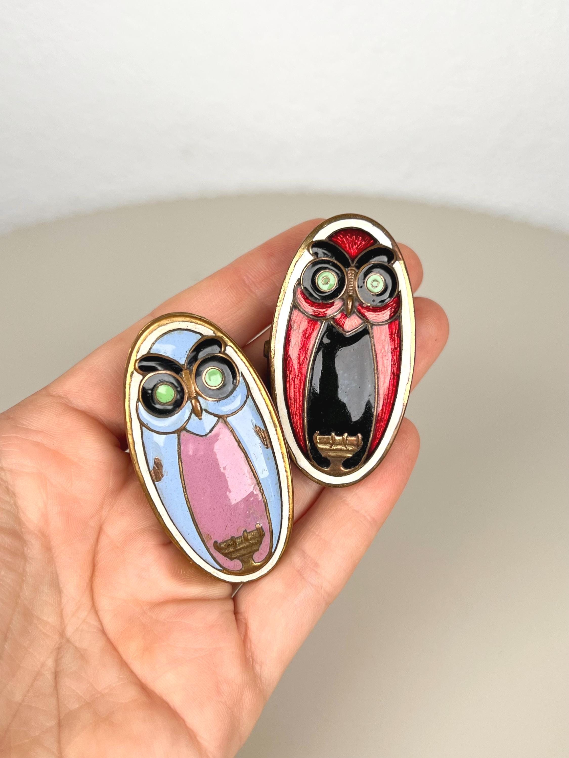 Cute Vintage Enamel Owl Clips Set Decorative Brass Clips Mid Century Cartoon Bird Memo Photo Napkin