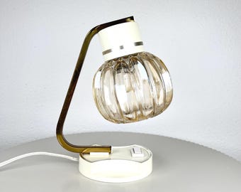 Small Vintage Retro Bedside Lamp with Glass Dome 60s 70s Table Lamp Small Cute Night Lamp with Gold Arm White Base