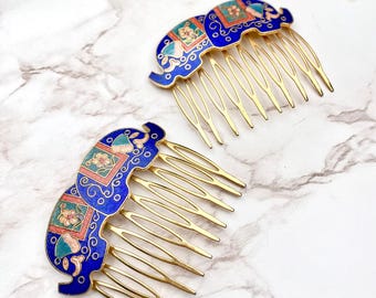 Two Vintage Golden Cloisonne Barrettes / Hair Tie Combs with Boho Indian Elephant Motifs - Cute Vintage Hair Accessories Set
