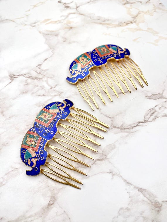 Vintage cloisonné enamel barrettes 8 VINTAGE HAIR BARRETTES & CLIPS ~2 CLOISONNE /PEACOCK  main image 4