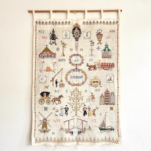 Vintage Dutch Embroidery Sampler Wall Hanging Ilpendam Large Needlepoint Tapestry Granny Chic Grandmillennial Cabin Wall Decor