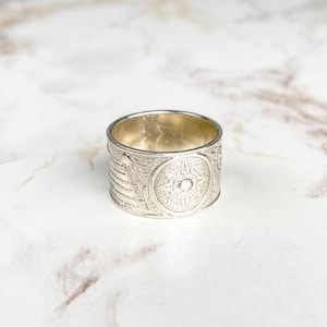 Vintage Mexican Silver Aztec Calendar Ring - Wide Sterling Silver Aztec Art Motif Ring
