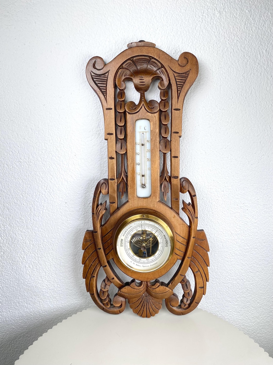 Large Vintage Art Deco Wooden Wall Barometer Old Decorative Art Nouveau ...