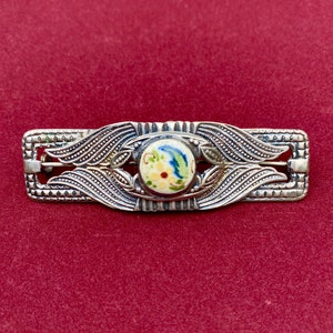 Rectangular Vintage Art Deco Silver Brooch w/ Wing Design & Hand Painted Ceramic Floral Button - Classic Art Deco Design Jewelry