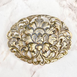 Large Antique Art Nouveau Gold Tone Brooch - Romantic Flower Motif Jewelry