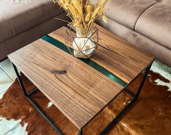 Rivertable coffee table walnut wood epoxy resin turquoise transparent American walnut side table