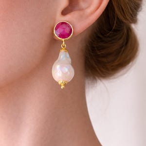 Ruby Pearl Earrings Gold Plated Unique Jewelry, Baroque Freshwater Pearls With Faceted Ruby
