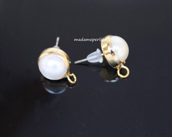 Studs Earrings Posts Beading 1 PAIR  Glass pearls connector Ear blanks Gold plated with bail hoop Turkish jewelry supplies mdla0718