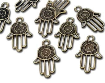 Bronspläterade Hamsa-handberlocker 10 st, hängen med öppen ram, bohemisk smyckestillverkning, spirituellt DIY-hantverksmaterial, 4C