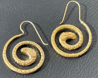 Snake Earrings Matte Gold plated curved snake hoops hand made Turkish jewelry  KP112A