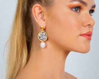 Roman Replica Earrings Glass Pearls Greek Ancient Coins Matte Gold and Silver plated Turkish hand made jewelry KP020