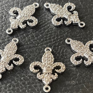 2  CZ Fleur De Lise Link connectors Silver plated rhinestone pendants Turkish jewelry supply mdla1015B