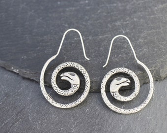 Snake Earrings Matte Silver plated curved snake hoops hand made Turkish jewelry  KP112B