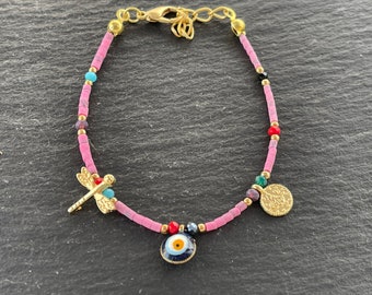 Pink Evil Eye Thin Bracelet Gold plated beaded Tugra Dragonfly Skimmer coin charms Turkish jewelry  BLZ58