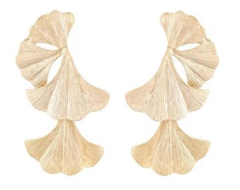 Ginkgo Earrings Gold plated floral dangle Turkish hand made jewelry KP296