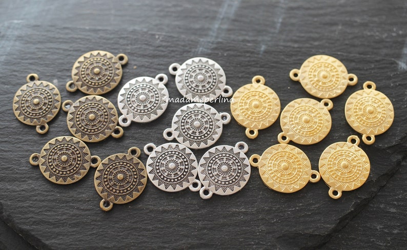 2 Mandala Coins Links Connectors 24K Matte Gold plated Sun boho tribal style Turkish Jewellery supplies crafts mdla0585A