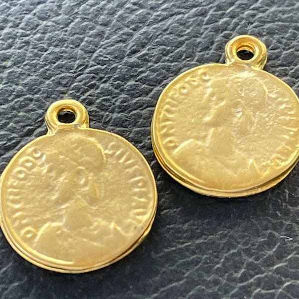 2   Roman Greek Coin Pendants 24k Matte Gold plated Replica Turkish jewelry supply mdla1107A
