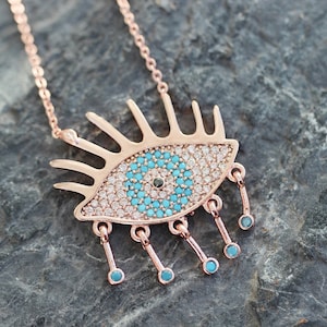 Blue Cz Eye Charm Necklace Rose Gold plated Turkish jewelry KLY59D