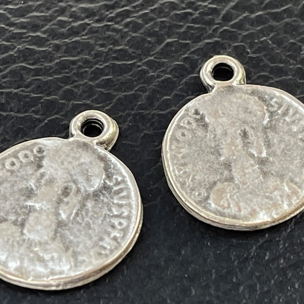 2   Greek Roman Coin Pendants  Silver plated ancient double sided Turkish jewelry supply mdla1107B