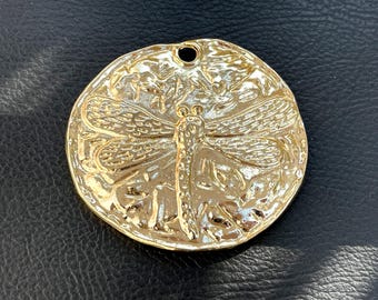 Gold Dragonfly Pendant Large Textured Insect Charm Gold Plated Jewelry Making Supply, 1472A